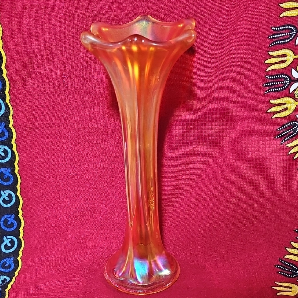 Vintage Marigold Carnival Glass Swung Bud Vase Iridescent Morning Glory